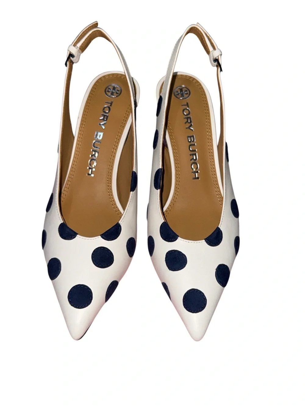 Tory Burch White Slingback Heels with Navy Polka Dots